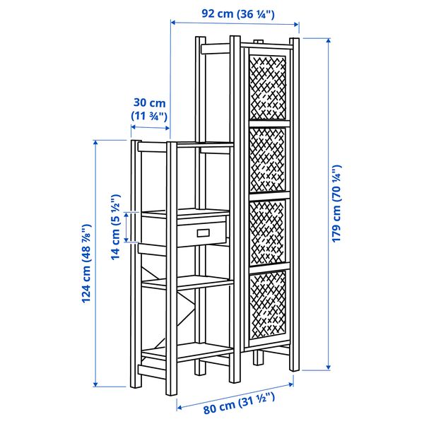 2 секции, полки, шкаф, 92x30x179 см, сосна, черный сетка IKEA IVAR ИВАР 595.081.05 - схема-чертеж с размерами