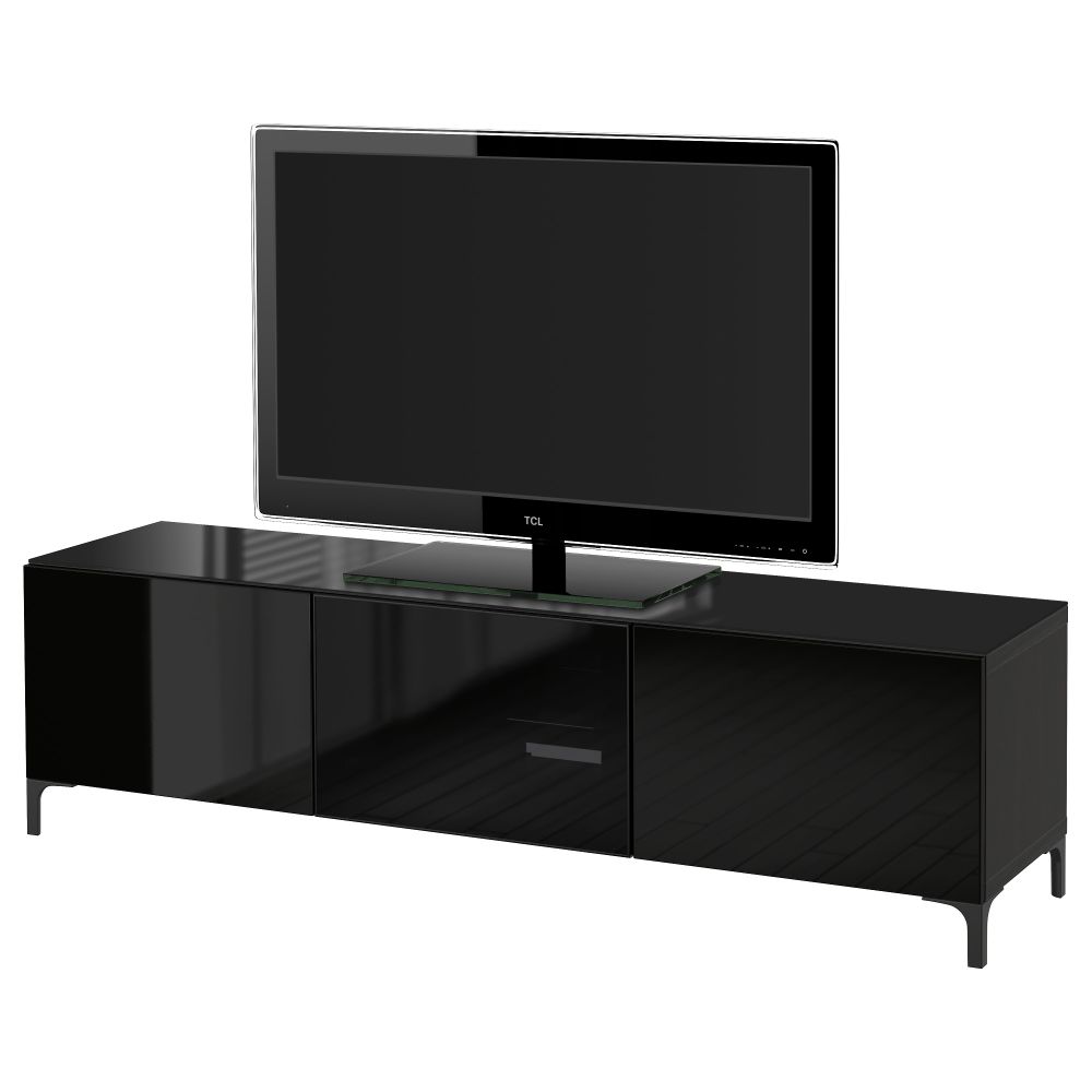 Тумба под ТВ, с дверцами БЕСТО, черно-коричневый, Сельсвикен глянцевый/черный дымчатое стекло (180x40x38 см) - фото 1