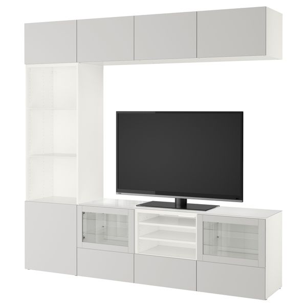 Шкаф для ТВ, комбинированный, стекляные дверцы БЕСТО, белый Лаппвикен, Синдвик светло-серый прозрачное стекло (240x40x230 см) - фото 1