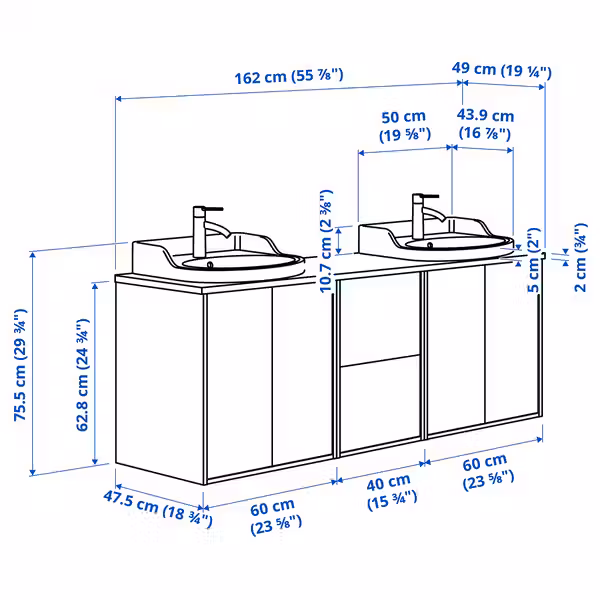 TÄNNFORSEN ТАННФОРСЕН / RUTSJÖN РУТШЁН Шкаф п-раковину/раковины/смесители - схема-чертеж с размерами