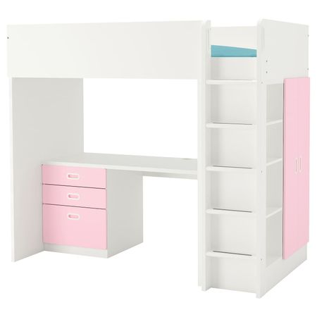 Кровать-чердак, 3 ящика, 2 дверцы, белый/светло-розовый 207x99x182 см IKEA СТУВА / ФРИТИДС 692.676.76
