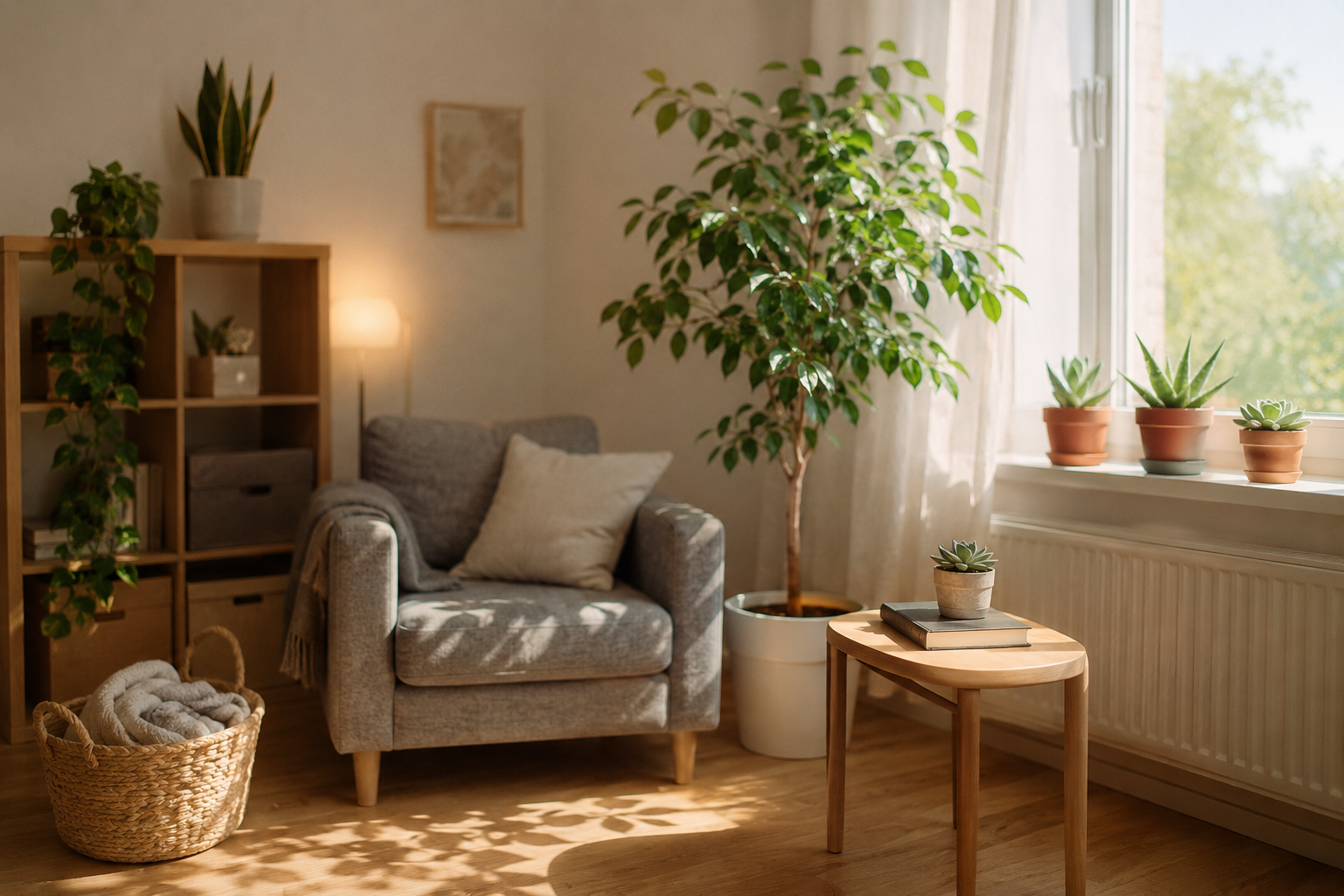 Однокомнатная квартира 30 м² в стиле Urban Jungle — фикус на полу, суккуленты на подоконнике, потос на полке KALLAX, daylight