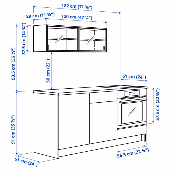 KNOXHULT Кухня - белый каркас 180x61x220 см - схема-чертеж с размерами