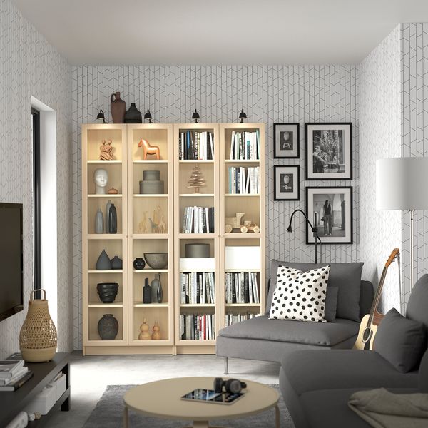 Стеллаж комбинация, стекло дверцы, под березу, 160x202 см IKEA BILLY БИЛЛИ, OXBERG ОКСБЕРГ 794.835.28 - фото 3