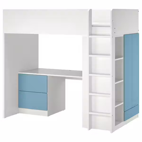 SMÅSTAD Кровать-чердак - белый синий/с письменным столом с 3 ящиками 90x200 см - фото 1