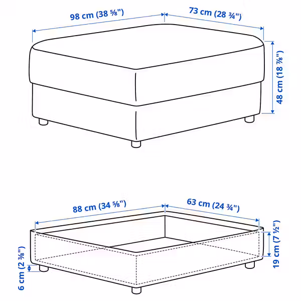 VIMLE Табурет для ног с ящ д/хрн - Hallarp серый - схема-чертеж с размерами