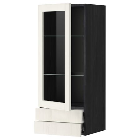 Навесной шкаф, стеклянная дверца, 2 ящика МЕТОД / ФОРВАРА, черный, Росдаль белый