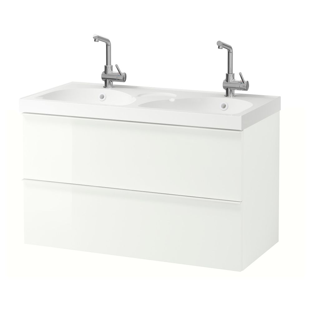Шкаф для раковины с 2 ящиками ГОДМОРГОН / ЭДЕБОВИКЕН, глянцевый белый (100x49x64 см) - фото 1
