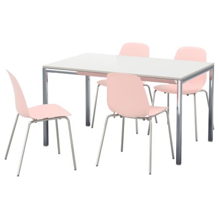 Стол и 4 стула ТОРСБИ / ЛЕЙФ-АРНЕ, глянцевый белый, розовый (135 см)