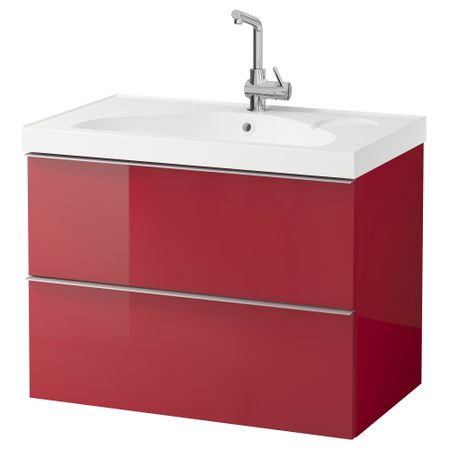 Шкаф для раковины с 2 ящиками ГОДМОРГОН / ЭДЕБОВИКЕН, глянцевый красный (80x49x64 см)
