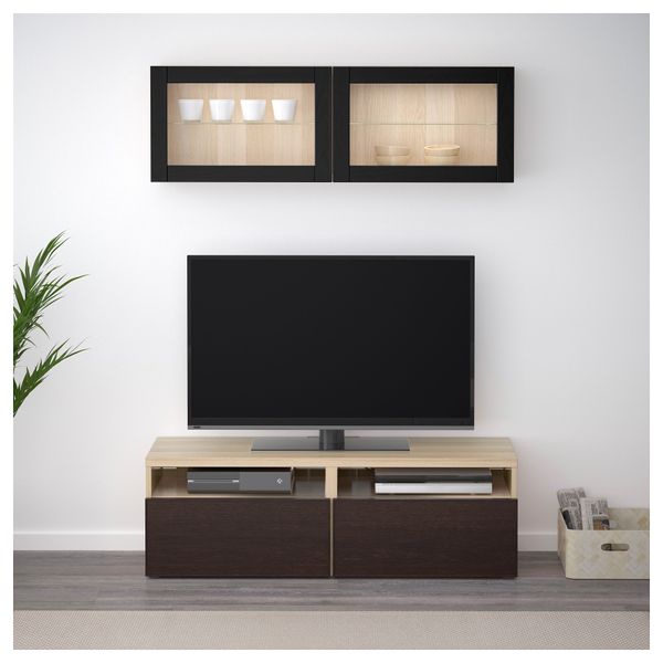 Шкаф для ТВ, комбинированный, стекляные дверцы БЕСТО, под беленый дуб, Инвикен черно-коричневый прозрачное стекло (120x20/40x166 - фото 2