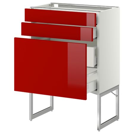 Напольный шкаф 3 фронтальных панели, 2 нижних, 2 средних ящика МЕТОД / МАКСИМЕРА, белый, Рингульт красный