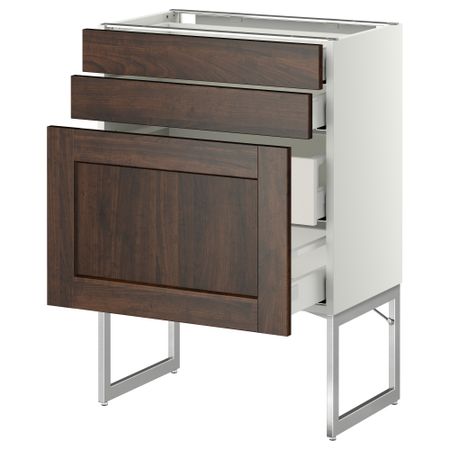Напольный шкаф 3 фронтальных панели, 2 нижних, 2 средних ящика МЕТОД / МАКСИМЕРА, белый, Эдсерум коричневый