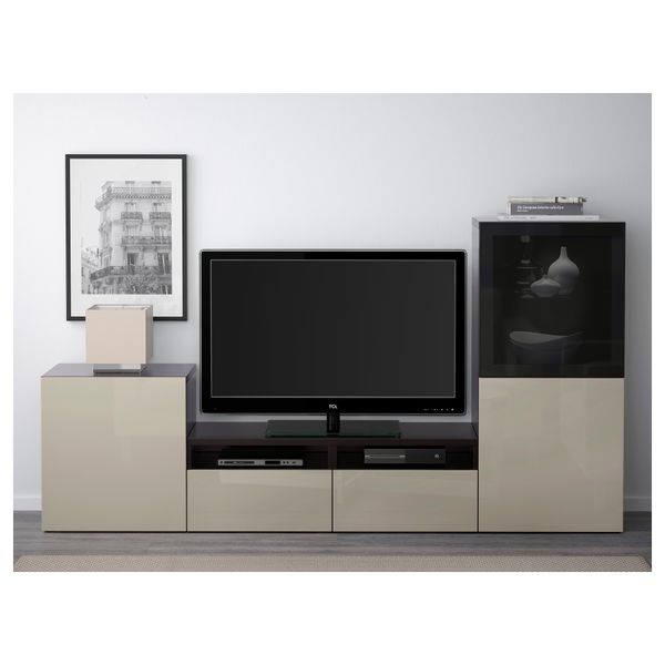 Шкаф для ТВ, комбинированный, стекляные дверцы БЕСТО, черно-коричневый, Сельсвикен глянцевый/бежевый/дымчатое стекло (240x40x128 - фото 2