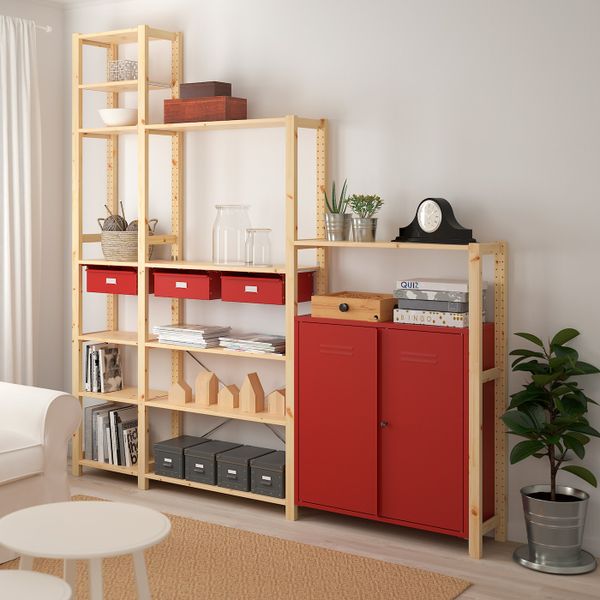 Стеллаж со шкафами/ящиками, сосна, красный 219x30x226 см IKEA ИВАР 593.035.14 - фото 2