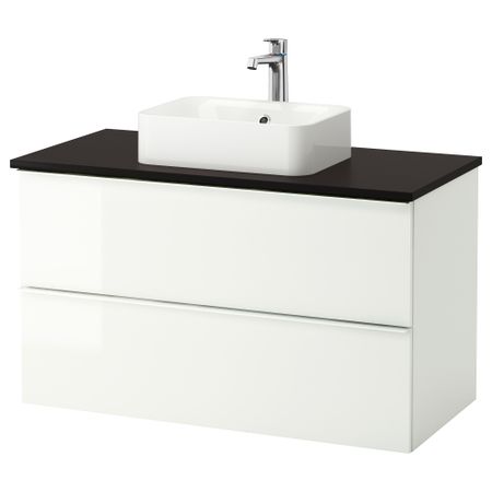 Шкаф со столешницей 45x32 раковина ГОДМОРГОН/ТОЛКЕН / ХОРВИК, глянцевый белый, антрацит (102x49x72 см)