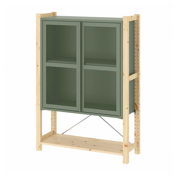 Шкаф с дверями, 89x30x124 см, сосна, серо-зеленый сетка IKEA IVAR ИВАР 295.081.59 - фото 1