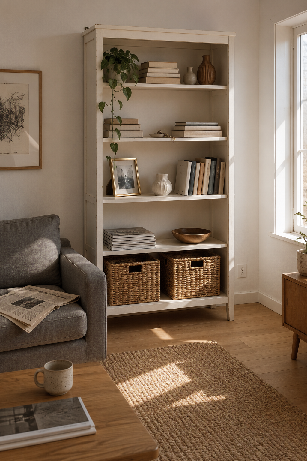Стеллаж HEMNES в скандинавской гостиной: массив сосны, открытые полки, видна текстура дерева через белую морилку