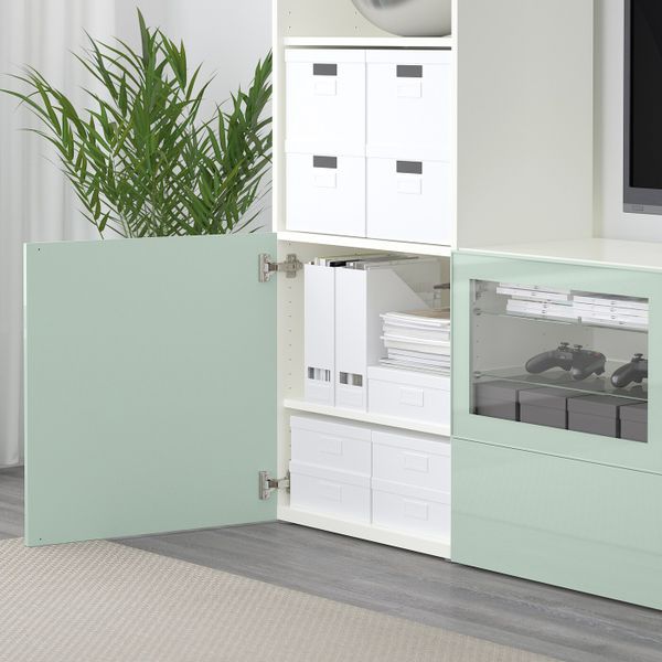 Шкаф для ТВ, комбинированный, стекляные дверцы, белый Сельсвикен, глянцевый/серо-зеленый светлый прозрачное стекло, 240x40x230 - фото 3