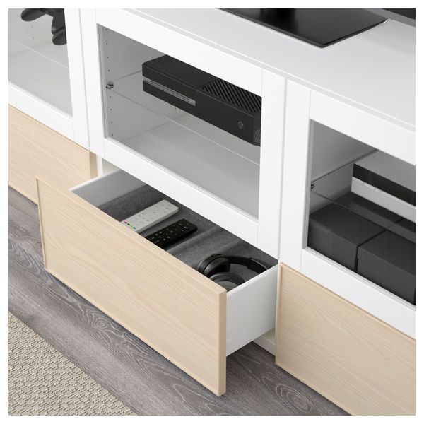 Тумба под ТВ, с дверцами и ящиками БЕСТО, белый Синдвик, Инвикен ясеневый шпон (180x40x64 см) - фото 3