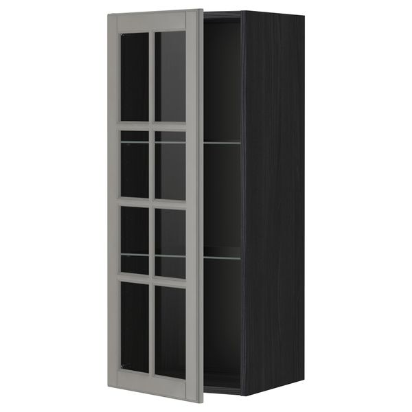 Навесной шкаф с полками, стекляными дверцы МЕТОД, черный, Будбин серый - схема-чертеж с размерами