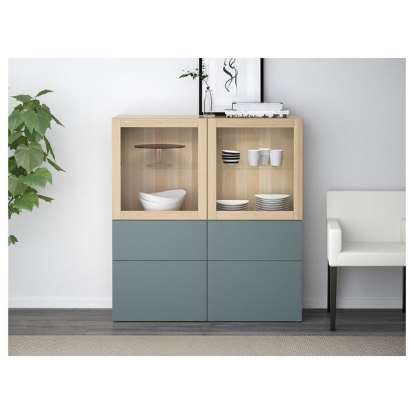 Комбинация для хранения со стеклянными дверцами БЕСТО, под беленый дуб, Вальвикен серо-бирюзовый, прозрачное стекло (120x40x128 - схема-чертеж с размерами