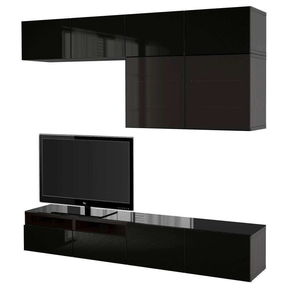 Шкаф для ТВ, комбинированный, стекляные дверцы БЕСТО, черно-коричневый, Сельсвикен глянцевый/черный дымчатое стекло (240x40x230 - фото 1