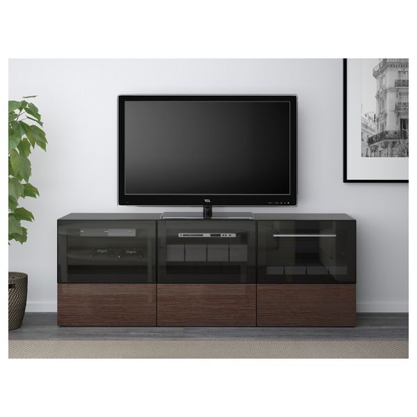 Тумба под ТВ, с дверцами и ящиками БЕСТО, черно-коричневый, Сельсвикен глянцевый/коричневый прозрач стекло (180x40x64 см) - фото 2