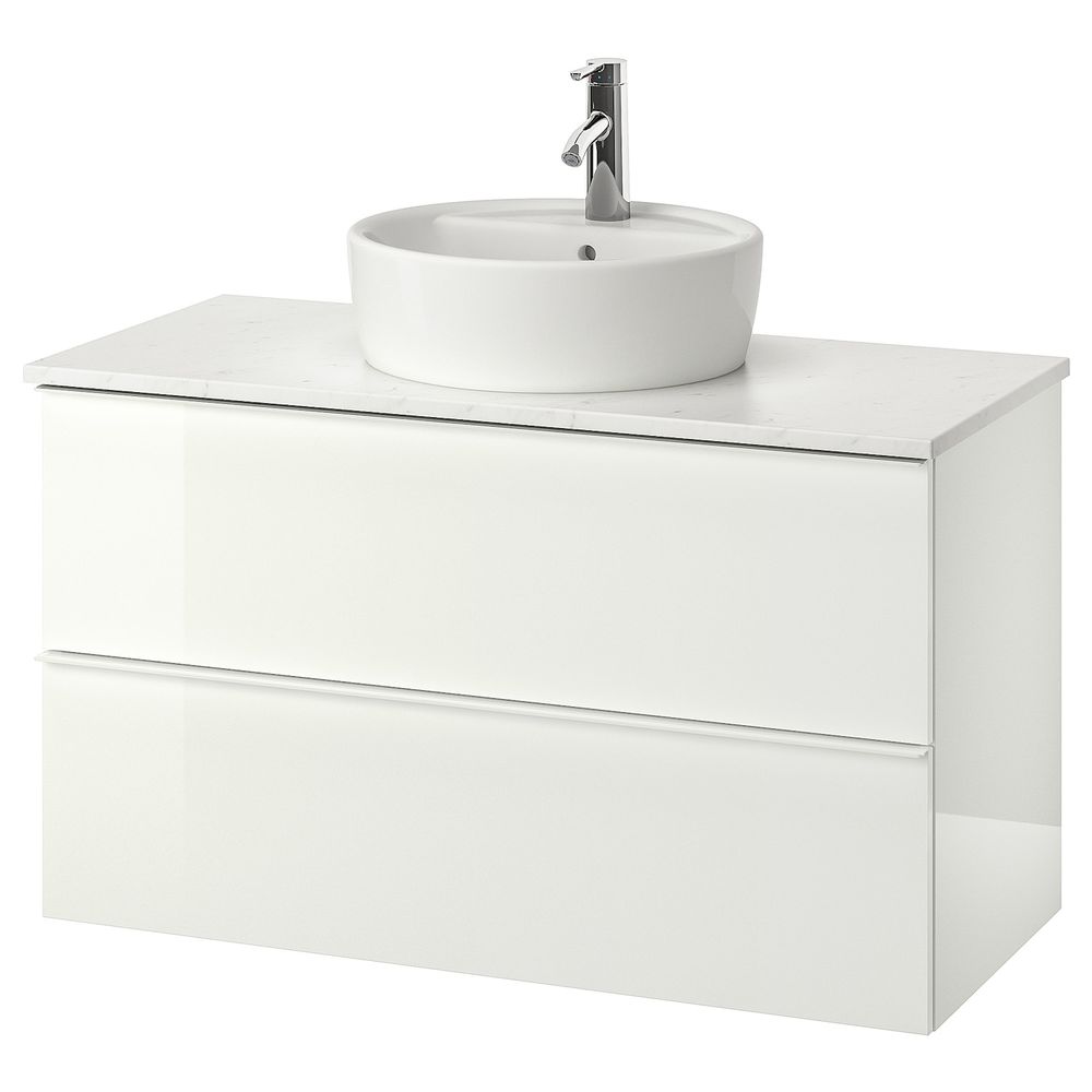 Шкаф п-раковину/столешн45/раковина, глянцевый белый/под мрамор ДАЛЬШЕР смеситель 102x49x74 см IKEA GODMORGON/TOLKEN - фото 1