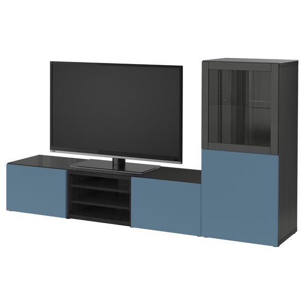 Шкаф для ТВ, комбинированный, стекляные дверцы БЕСТО, черно-коричневый Вальвикен, темно-синий прозрачное стекло (240x40x128 см) - фото 1