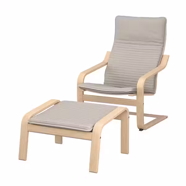 POÄNG Кресло с табуретом для ног - дубовый шпон, беленый/Knisa светло-бежевый - фото 1