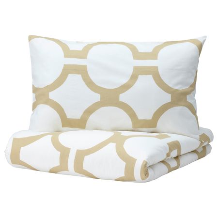 Пододеяльник и наволочка, белый/светлый бежево-зеленый 150x200/50x70 см IKEA GLANSBLOMMA ГЛАНСБЛОММА 305.007.32