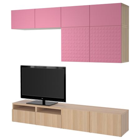 Шкаф для ТВ, комбинированный, стекляные дверцы БЕСТО, Дьюпвикен розовый, Лаппвикен под беленый дуб (240x40x230 см)