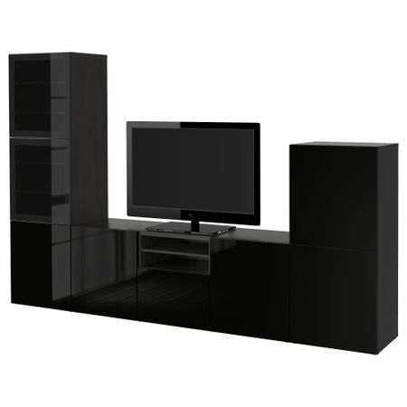 Шкаф для ТВ, комбинированный, стекляные дверцы БЕСТО, черно-коричневый, Сельсвикен глянцевый/черный прозрачное стекло