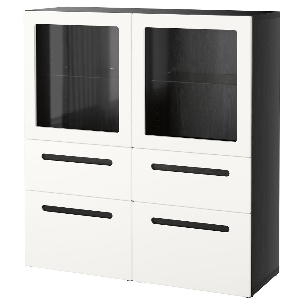 Комбинация для хранения со стеклянными дверцами БЕСТО, черно-коричневый, Марвикен белый прозрачное стекло (120x40x128 см) - фото 1