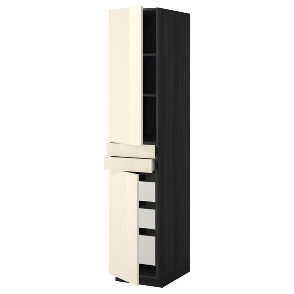 Высокий шкаф + полки, 5 ящиков, 2 дверцы, 2 фронтальных МЕТОД / МАКСИМЕРА, черный, Рингульт кремовый - фото 1