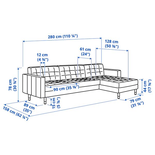 4-местный диван, с козеткой, Grann, Bomstad золотисто-коричневый, металл IKEA LANDSKRONA ЛАНДСКРУНА 592.703.54 - схема-чертеж с размерами