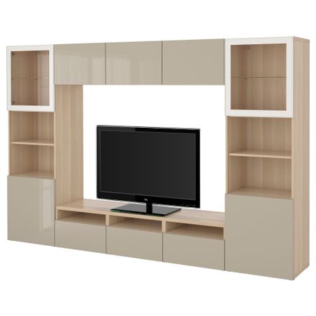 Шкаф для ТВ, комбинированный, стекляные дверцы БЕСТО, под беленый дуб, Сельсвикен глянцевый/бежевый прозрачное стекло