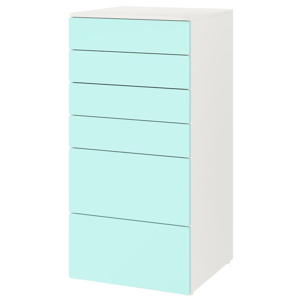 Комод с 6 ящиками, белый/бледно-бирюзовый 60x57x123 см IKEA SMÅSTAD СМОСТАД / OPPHUS ОПХУС 793.955.84 - фото 1