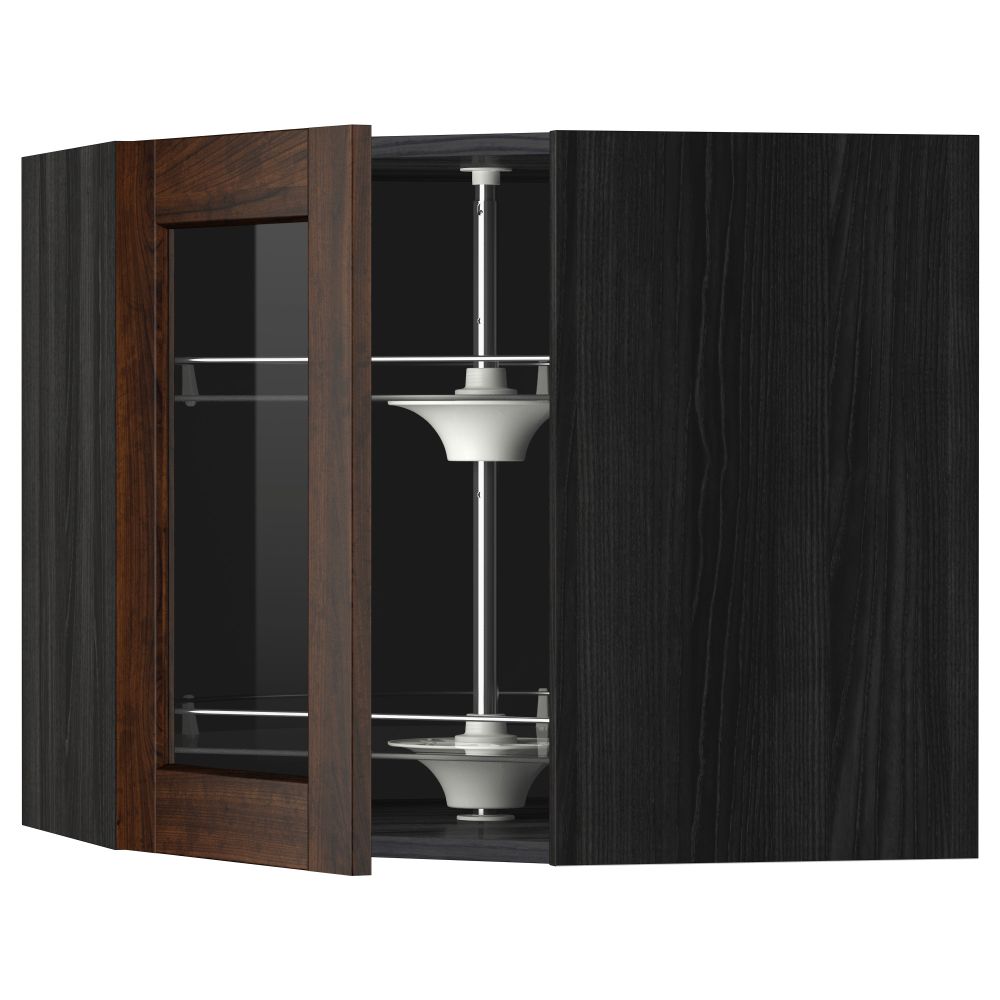Угловой навесной шкаф с вращающающейся секцией, стеклянными дверцами МЕТОД, черный, Эдсерум коричневый - схема-чертеж с размерами