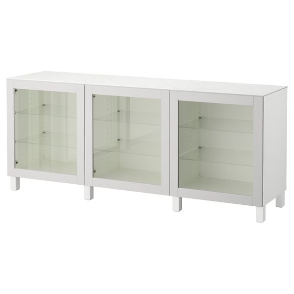 Комбинация для хранения с дверцами БЕСТО, белый, Синдвик светло-серый прозрачное стекло (180x42x74 см) - фото 1