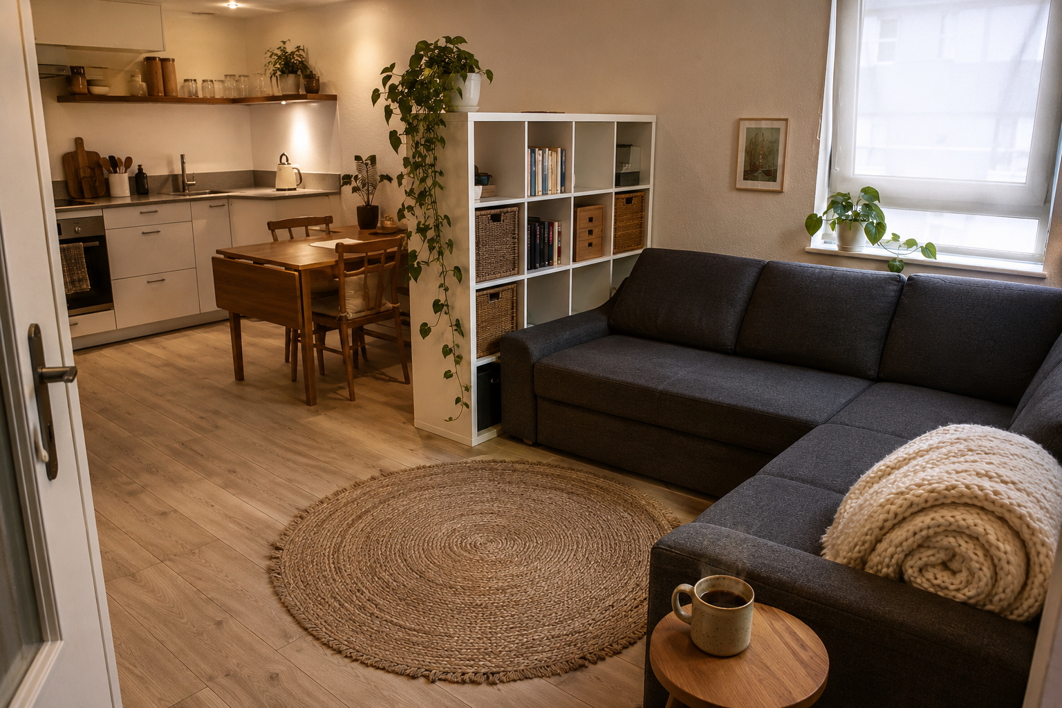 Интерьер кухни-гостиной 12 м² в евродвушке 40 м²: диван-кровать, кухонный гарнитур, разделитель-стеллаж