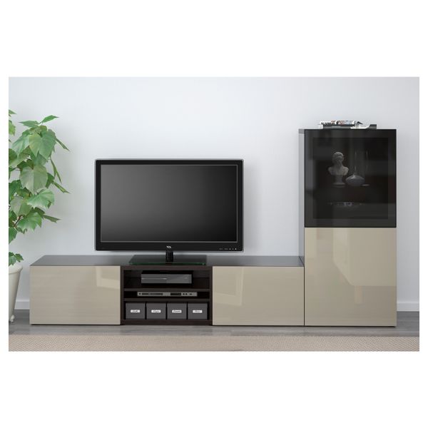 Шкаф для ТВ, комбинированный, стекляные дверцы БЕСТО, черно-коричневый, Сельсвикен глянцевый/бежевый/дымчатое стекло (240x40x128 - фото 2