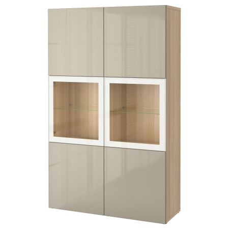 Комбинация для хранения со стеклянными дверцами БЕСТО, под беленый дуб, Сельсвикен глянцевый/бежевый прозрачное стекло