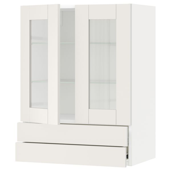 Навесной шкаф, 2 стеклянные дверцы, 2 ящика МЕТОД / ФОРВАРА, белый, Сэведаль белый - схема-чертеж с размерами