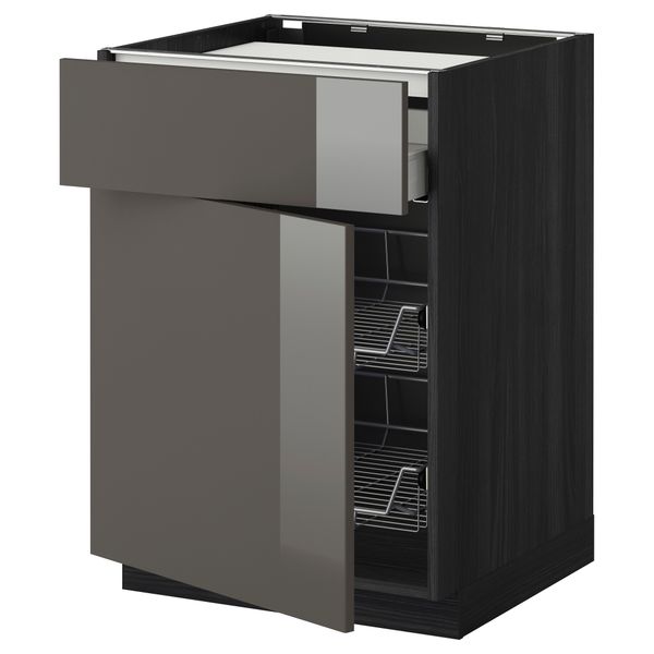 Напольный шкаф для варочной панели, ящик, 2 проволочных корзины МЕТОД / МАКСИМЕРА, черный, Рингульт серый (60x60 см) - фото 1