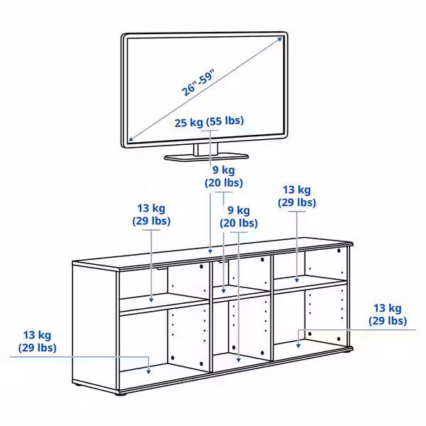 SKRUVBY Тумба под ТВ - белый 156x38x60 см - схема-чертеж с размерами