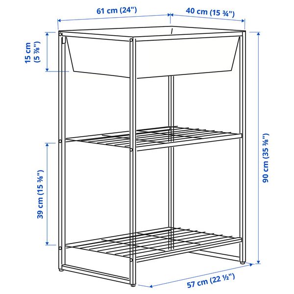JOSTEIN Стеллаж с контейнером - д/дома/улицы/проволочный белый 61x40x90 см - схема-чертеж с размерами