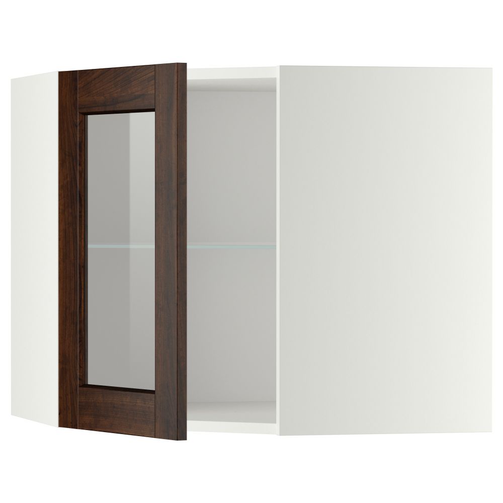 Угловой навесной шкаф с полками, стекляными дверцами МЕТОД, белый, Эдсерум коричневый - схема-чертеж с размерами