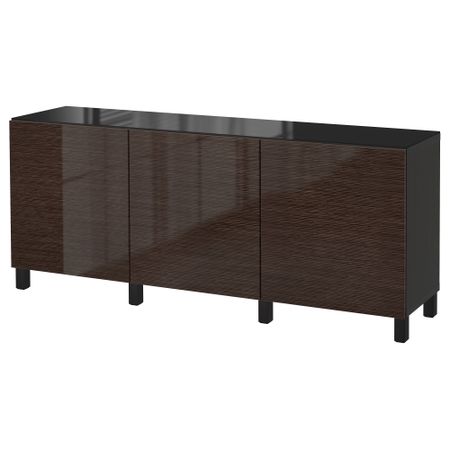 Комбинация для хранения с дверцами БЕСТО, черно-коричневый, Сельсвикен глянцевый/коричневый (180x40x74 см)